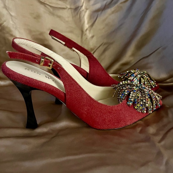 NWOT, Ron White Shoes, cashmere suede red sling blacks with crystals, size 36 - Picture 3 of 7